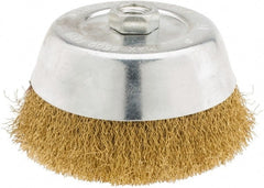 Value Collection - 6" Diam, 5/8-11 Threaded Arbor, Brass Fill Cup Brush - 0.014 Wire Diam, 1-1/4" Trim Length, 6,500 Max RPM - Exact Tooling