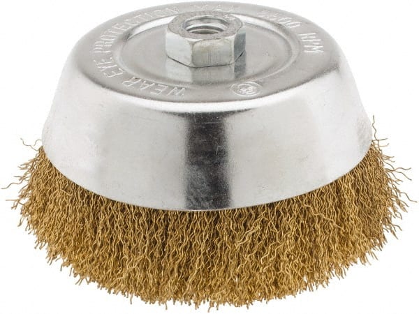 Value Collection - 6" Diam, 5/8-11 Threaded Arbor, Brass Fill Cup Brush - 0.02 Wire Diam, 1-1/4" Trim Length, 6,000 Max RPM - Exact Tooling