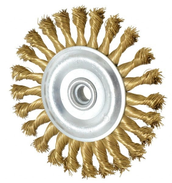 Value Collection - 6" OD, 5/8-11 Arbor Hole, Knotted Brass Wheel Brush - 5/8" Face Width, 1-1/4" Trim Length, 0.02" Filament Diam, 9,000 RPM - Exact Tooling