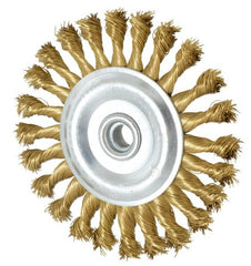 Value Collection - 6" OD, 5/8-11 Arbor Hole, Knotted Brass Wheel Brush - 5/8" Face Width, 1-1/4" Trim Length, 0.02" Filament Diam, 9,000 RPM - Exact Tooling