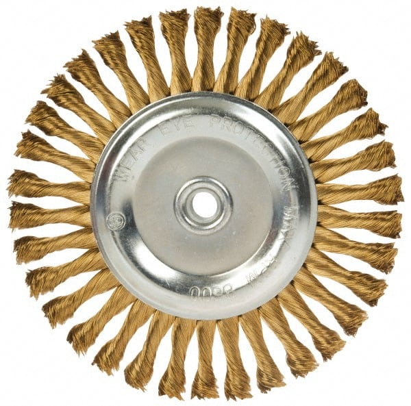 Value Collection - 8" OD, 5/8-11 Arbor Hole, Knotted Brass Wheel Brush - 5/8" Face Width, 1-1/2" Trim Length, 0.02" Filament Diam, 6,000 RPM - Exact Tooling