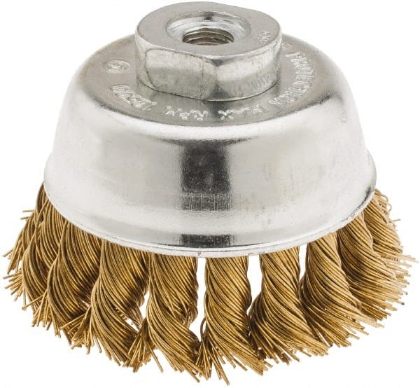 Value Collection - 2-3/4" Diam, 3/8-24 Threaded Arbor, Brass Fill Cup Brush - 0.02 Wire Diam, 3/4" Trim Length, 12,500 Max RPM - Exact Tooling