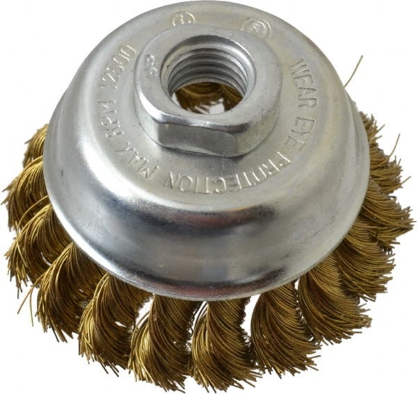 Value Collection - 2-3/4" Diam, 5/8-11 Threaded Arbor, Brass Fill Cup Brush - 0.014 Wire Diam, 3/4" Trim Length, 12,500 Max RPM - Exact Tooling