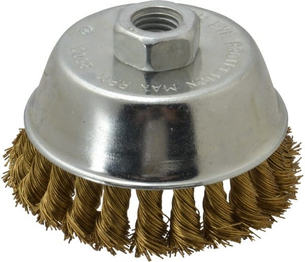 Value Collection - 4" Diam, 5/8-11 Threaded Arbor, Brass Fill Cup Brush - 0.02 Wire Diam, 7/8" Trim Length, 8,500 Max RPM - Exact Tooling