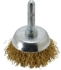 Value Collection - 1-3/4" Diam, 1/4" Shank Diam, Brass Fill Cup Brush - 0.012 Wire Diam, 9/16" Trim Length, 13,000 Max RPM - Exact Tooling