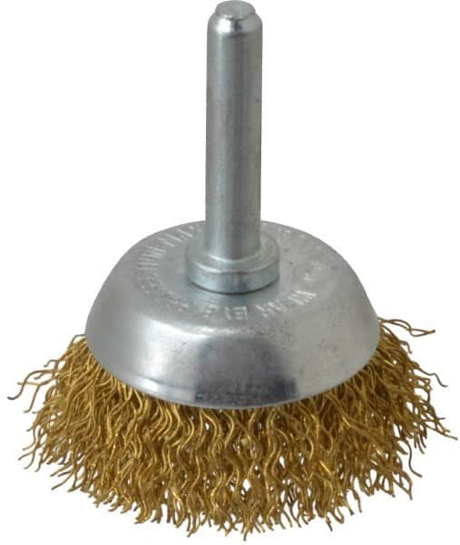 Value Collection - 1-3/4" Diam, 1/4" Shank Diam, Brass Fill Cup Brush - 0.014 Wire Diam, 9/16" Trim Length, 13,000 Max RPM - Exact Tooling