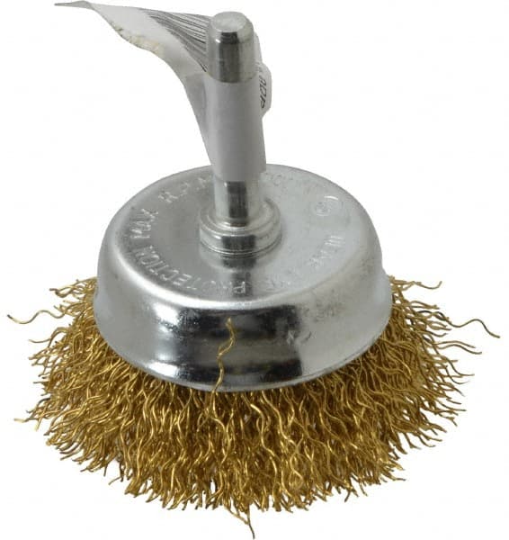 Value Collection - 2" Diam, 1/4" Shank Diam, Brass Fill Cup Brush - 0.014 Wire Diam, 5/8" Trim Length, 13,000 Max RPM - Exact Tooling