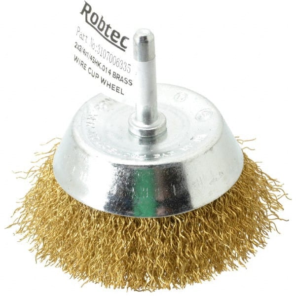 Value Collection - 2-3/4" Diam, 1/4" Shank Diam, Brass Fill Cup Brush - 0.014 Wire Diam, 7/8" Trim Length, 8,500 Max RPM - Exact Tooling