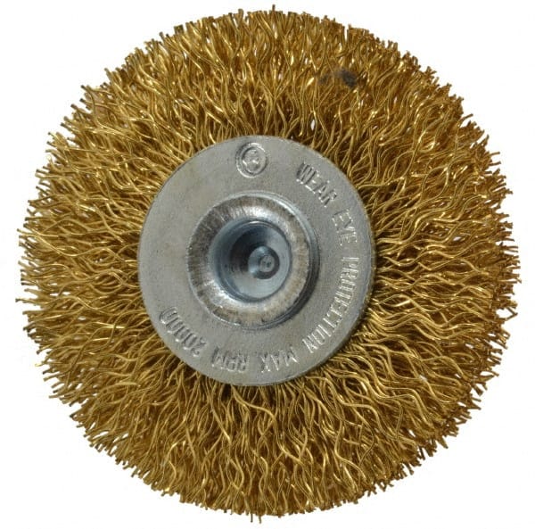 Value Collection - 2" OD, 1/4" Shank Diam, Crimped Brass Wheel Brush - 5/16" Face Width, 1/2" Trim Length, 0.012" Filament Diam, 20,000 RPM - Exact Tooling