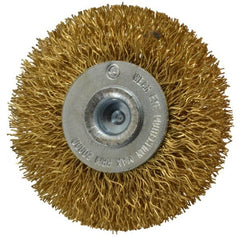 Value Collection - 2" OD, 1/4" Shank Diam, Crimped Brass Wheel Brush - 5/16" Face Width, 1/2" Trim Length, 0.012" Filament Diam, 20,000 RPM - Exact Tooling