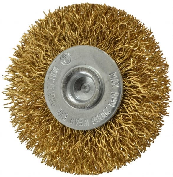 Value Collection - 2" OD, 1/4" Shank Diam, Crimped Brass Wheel Brush - 5/16" Face Width, 1/2" Trim Length, 0.014" Filament Diam, 20,000 RPM - Exact Tooling