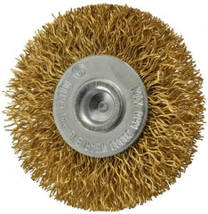 Value Collection - 2" OD, 1/4" Shank Diam, Crimped Brass Wheel Brush - 5/16" Face Width, 1/2" Trim Length, 0.014" Filament Diam, 20,000 RPM - Exact Tooling