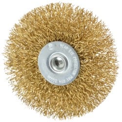 Value Collection - 3" OD, 1/4" Shank Diam, Crimped Brass Wheel Brush - 3/8" Face Width, 7/8" Trim Length, 0.014" Filament Diam, 20,000 RPM - Exact Tooling