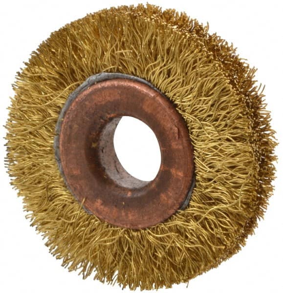 Value Collection - 1-1/2" OD, 3/8" Arbor Hole, Crimped Brass Wheel Brush - 5/16" Face Width, 3/8" Trim Length, 0.008" Filament Diam, 20,000 RPM - Exact Tooling