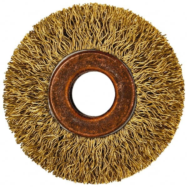 Value Collection - 2" OD, 1/2" Arbor Hole, Crimped Brass Wheel Brush - 5/16" Face Width, 3/8" Trim Length, 0.014" Filament Diam, 20,000 RPM - Exact Tooling