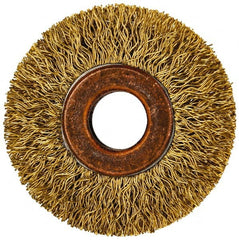 Value Collection - 2" OD, 1/2" Arbor Hole, Crimped Brass Wheel Brush - 5/16" Face Width, 3/8" Trim Length, 0.014" Filament Diam, 20,000 RPM - Exact Tooling
