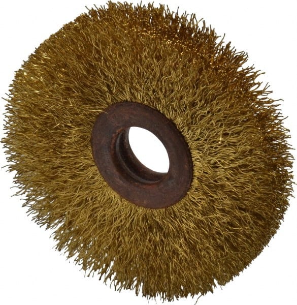 Value Collection - 2-1/2" OD, 1/2" Arbor Hole, Crimped Brass Wheel Brush - 3/8" Face Width, 3/4" Trim Length, 0.008" Filament Diam, 15,000 RPM - Exact Tooling