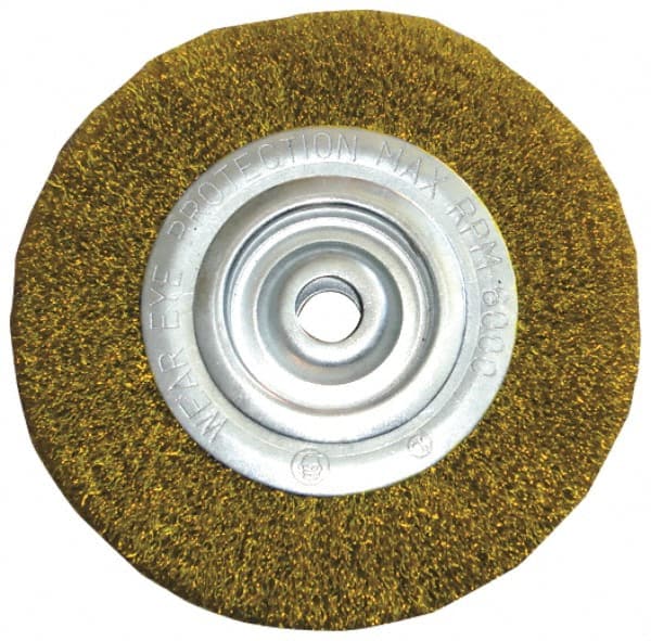 Value Collection - 8" OD, 2" Arbor Hole, Crimped Brass Wheel Brush - 1" Face Width, 1-3/4" Trim Length, 0.006" Filament Diam, 6,000 RPM - Exact Tooling