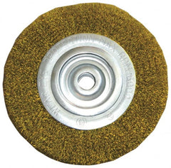Value Collection - 8" OD, 2" Arbor Hole, Crimped Brass Wheel Brush - 1" Face Width, 1-3/4" Trim Length, 0.012" Filament Diam, 4,500 RPM - Exact Tooling