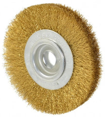 Value Collection - 4" OD, 5/8" Arbor Hole, Crimped Brass Wheel Brush - 1/2" Face Width, 5/8" Trim Length, 0.008" Filament Diam, 6,000 RPM - Exact Tooling