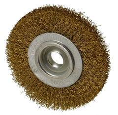 Value Collection - 4" OD, 5/8" Arbor Hole, Crimped Brass Wheel Brush - 1/2" Face Width, 5/8" Trim Length, 0.014" Filament Diam, 6,000 RPM - Exact Tooling