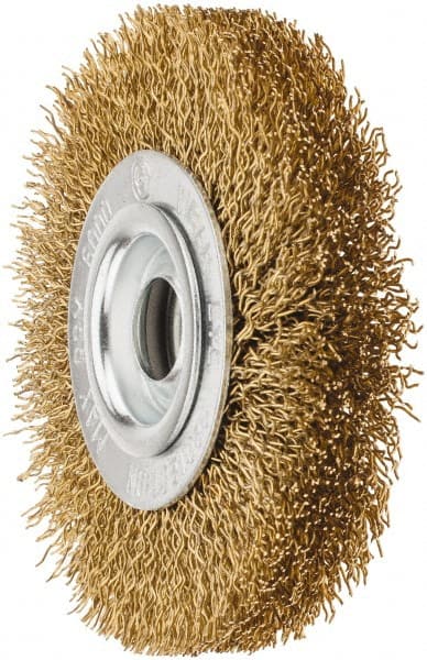 Value Collection - 4" OD, 5/8" Arbor Hole, Crimped Brass Wheel Brush - 1/2" Face Width, 5/8" Trim Length, 0.02" Filament Diam, 6,000 RPM - Exact Tooling