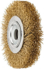 Value Collection - 4" OD, 5/8" Arbor Hole, Crimped Brass Wheel Brush - 1/2" Face Width, 5/8" Trim Length, 0.02" Filament Diam, 6,000 RPM - Exact Tooling