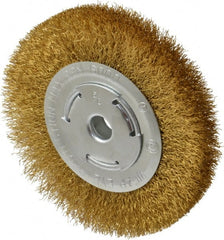 Value Collection - 6" OD, 5/8" Arbor Hole, Crimped Brass Wheel Brush - 1" Face Width, 1-1/8" Trim Length, 0.012" Filament Diam, 6,000 RPM - Exact Tooling