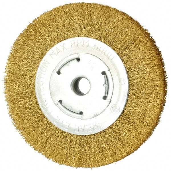 Value Collection - 6" OD, 5/8" Arbor Hole, Crimped Brass Wheel Brush - 1" Face Width, 1-1/8" Trim Length, 0.014" Filament Diam, 6,000 RPM - Exact Tooling