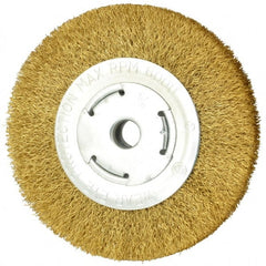 Value Collection - 6" OD, 5/8" Arbor Hole, Crimped Brass Wheel Brush - 1" Face Width, 1-1/8" Trim Length, 0.014" Filament Diam, 6,000 RPM - Exact Tooling
