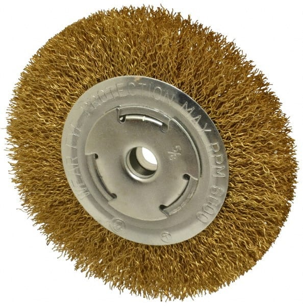 Value Collection - 6" OD, 5/8" Arbor Hole, Crimped Brass Wheel Brush - 1" Face Width, 1-1/8" Trim Length, 0.02" Filament Diam, 6,000 RPM - Exact Tooling