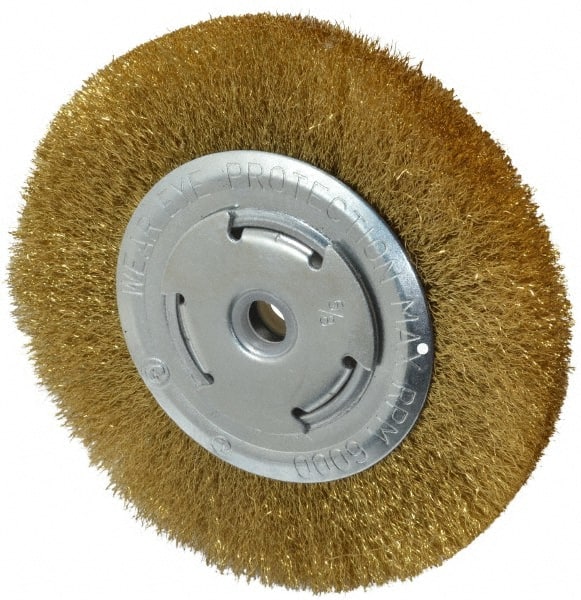 Value Collection - 6" OD, 5/8" Arbor Hole, Crimped Brass Wheel Brush - 1/2" Face Width, 1-1/8" Trim Length, 0.008" Filament Diam, 6,000 RPM - Exact Tooling