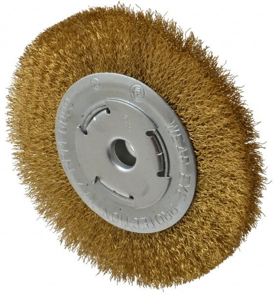 Value Collection - 6" OD, 1/4" Arbor Hole, Crimped Brass Wheel Brush - 1/2" Face Width, 1-1/8" Trim Length, 0.012" Filament Diam, 6,000 RPM - Exact Tooling