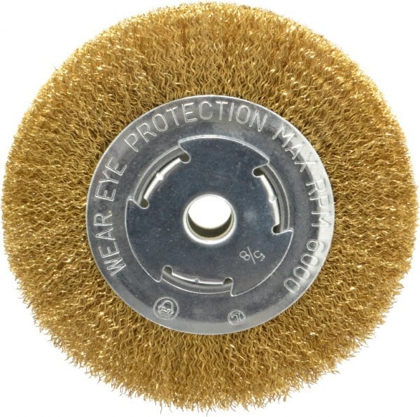 Value Collection - 6" OD, 5/8" Arbor Hole, Crimped Brass Wheel Brush - 1/2" Face Width, 1-1/8" Trim Length, 0.014" Filament Diam, 6,000 RPM - Exact Tooling