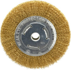 Value Collection - 6" OD, 5/8" Arbor Hole, Crimped Brass Wheel Brush - 1/2" Face Width, 1-1/8" Trim Length, 0.014" Filament Diam, 6,000 RPM - Exact Tooling