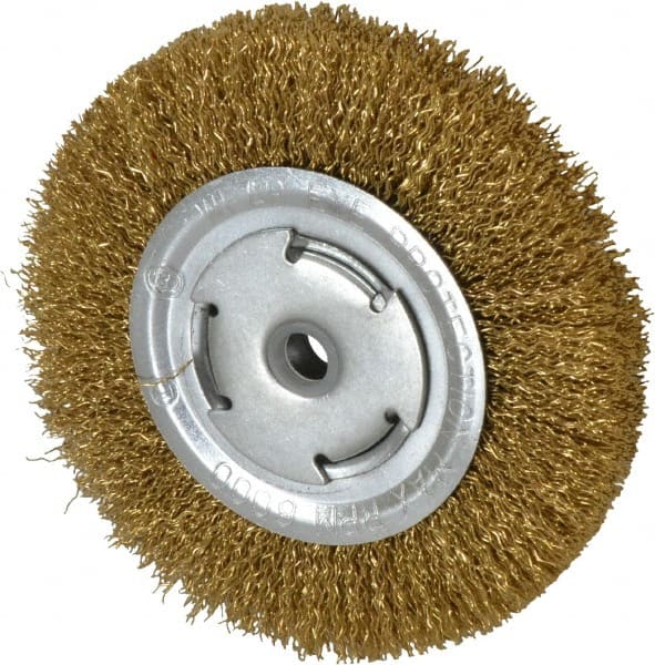 Value Collection - 6" OD, 5/8" Arbor Hole, Crimped Brass Wheel Brush - 1/2" Face Width, 1-1/8" Trim Length, 0.02" Filament Diam, 6,000 RPM - Exact Tooling
