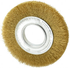 Value Collection - 6" OD, 2" Arbor Hole, Crimped Brass Wheel Brush - 7/8" Face Width, 1-1/8" Trim Length, 0.008" Filament Diam, 6,000 RPM - Exact Tooling