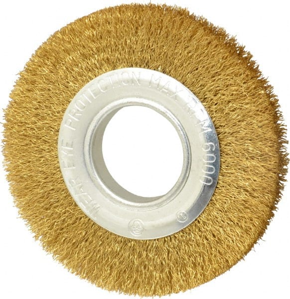 Value Collection - 6" OD, 1/4" Arbor Hole, Crimped Brass Wheel Brush - 7/8" Face Width, 1-1/8" Trim Length, 0.012" Filament Diam, 6,000 RPM - Exact Tooling