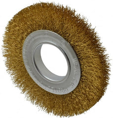Value Collection - 6" OD, 2" Arbor Hole, Crimped Brass Wheel Brush - 7/8" Face Width, 1-1/8" Trim Length, 0.014" Filament Diam, 6,000 RPM - Exact Tooling