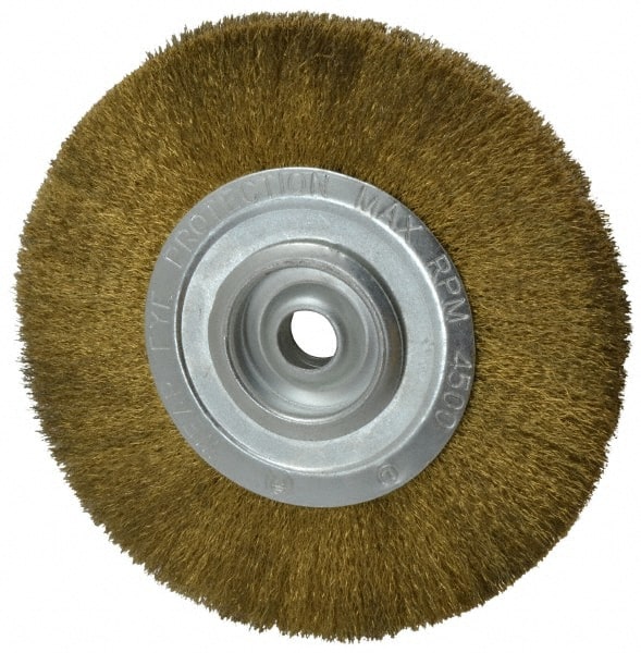 Value Collection - 8" OD, 3/4" Arbor Hole, Crimped Brass Wheel Brush - 1/2" Face Width, 1-3/4" Trim Length, 0.008" Filament Diam, 4,500 RPM - Exact Tooling