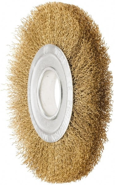 Value Collection - 8" OD, 1/4" Arbor Hole, Crimped Brass Wheel Brush - 1" Face Width, 1-3/4" Trim Length, 0.02" Filament Diam, 4,500 RPM - Exact Tooling