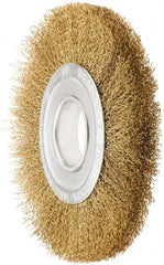 Value Collection - 8" OD, 1/4" Arbor Hole, Crimped Brass Wheel Brush - 1" Face Width, 1-3/4" Trim Length, 0.02" Filament Diam, 4,500 RPM - Exact Tooling