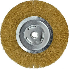 Value Collection - 8" OD, 5/8" Arbor Hole, Crimped Brass Wheel Brush - 1/2" Face Width, 1-3/4" Trim Length, 0.008" Filament Diam, 4,500 RPM - Exact Tooling