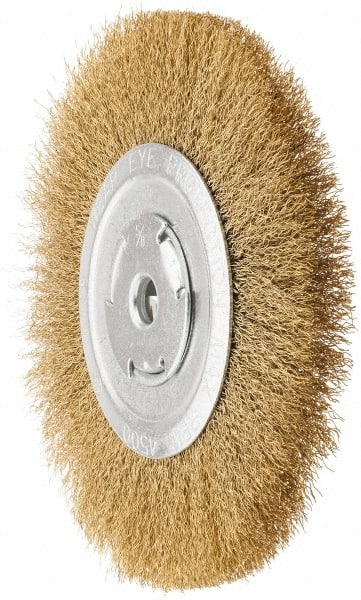 Value Collection - 8" OD, 1/4" Arbor Hole, Crimped Brass Wheel Brush - 1/2" Face Width, 1-3/4" Trim Length, 0.012" Filament Diam, 4,500 RPM - Exact Tooling
