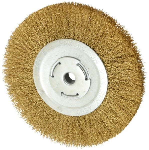 Value Collection - 8" OD, 5/8" Arbor Hole, Crimped Brass Wheel Brush - 1/2" Face Width, 1-3/4" Trim Length, 0.02" Filament Diam, 4,500 RPM - Exact Tooling