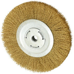 Value Collection - 8" OD, 5/8" Arbor Hole, Crimped Brass Wheel Brush - 1/2" Face Width, 1-3/4" Trim Length, 0.02" Filament Diam, 4,500 RPM - Exact Tooling