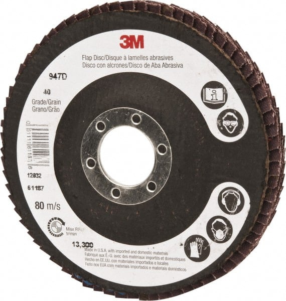 3M - 40 Grit, 4-1/2" Disc Diam, 7/8" Center Hole, Type 27 Ceramic Flap Disc - 13,300 Max RPM, Cloth Backing, Arbor Attaching System, Coated - Exact Tooling