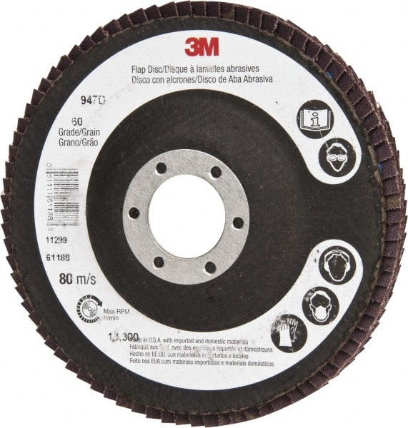 3M - 60 Grit, 4-1/2" Disc Diam, 7/8" Center Hole, Type 27 Ceramic Flap Disc - 13,300 Max RPM, Cloth Backing, Arbor Attaching System, Coated - Exact Tooling