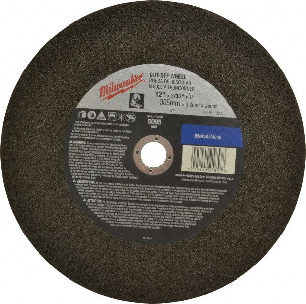 Milwaukee Tool - 12" 36 Grit Aluminum Oxide Cutoff Wheel - 3/32" Thick, 1" Arbor, 5,095 Max RPM, Use with Angle Grinders - Exact Tooling