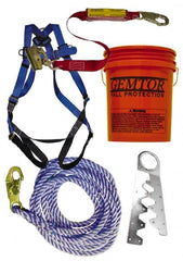 Gemtor - Universal Size, 300 Lb. Capacity, Polyester Roofer Fall Protection Kit - Back D Ring, 3 Ft. Lanyard Long, Single Use Anchor, Blue, Black and Yellow - Exact Tooling